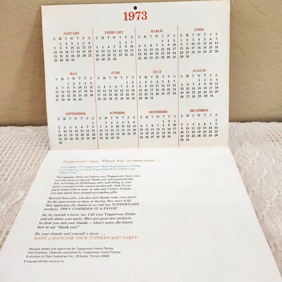 1973 Vintage Tupperware Calendar with Mailing Envelope and Letter NOS - Picture 2 of 16